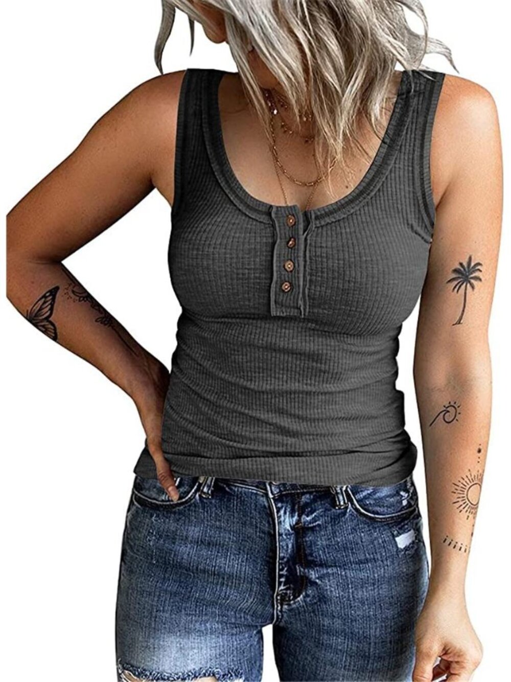 Womens Ribbed Knit Tank Top Sleeveless Button Front Summer Casual Shirt